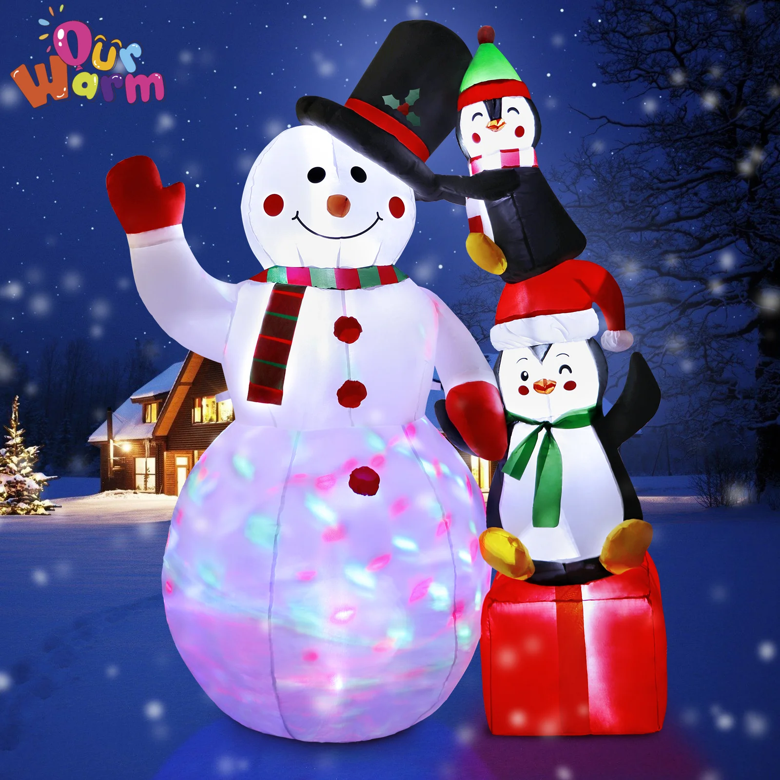 

OurWarm 6FT Christmas Inflatables Snowman and Penguin Decorations With Colorful Rotating LEDs For Outdoor Garden Xmas Decoration