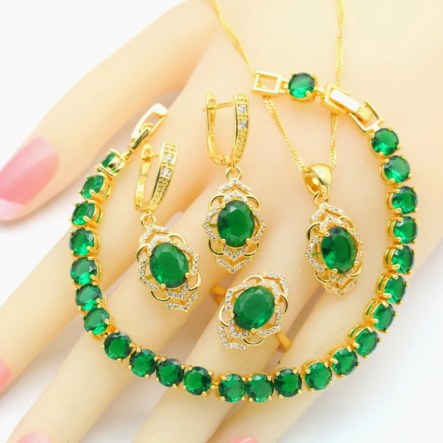 

Новинка 2022 г., Свадебные Ювелирные наборы золотого цвета с искусственными камнями для женщин, браслет, серьги, ожерелье, подвески, кольца