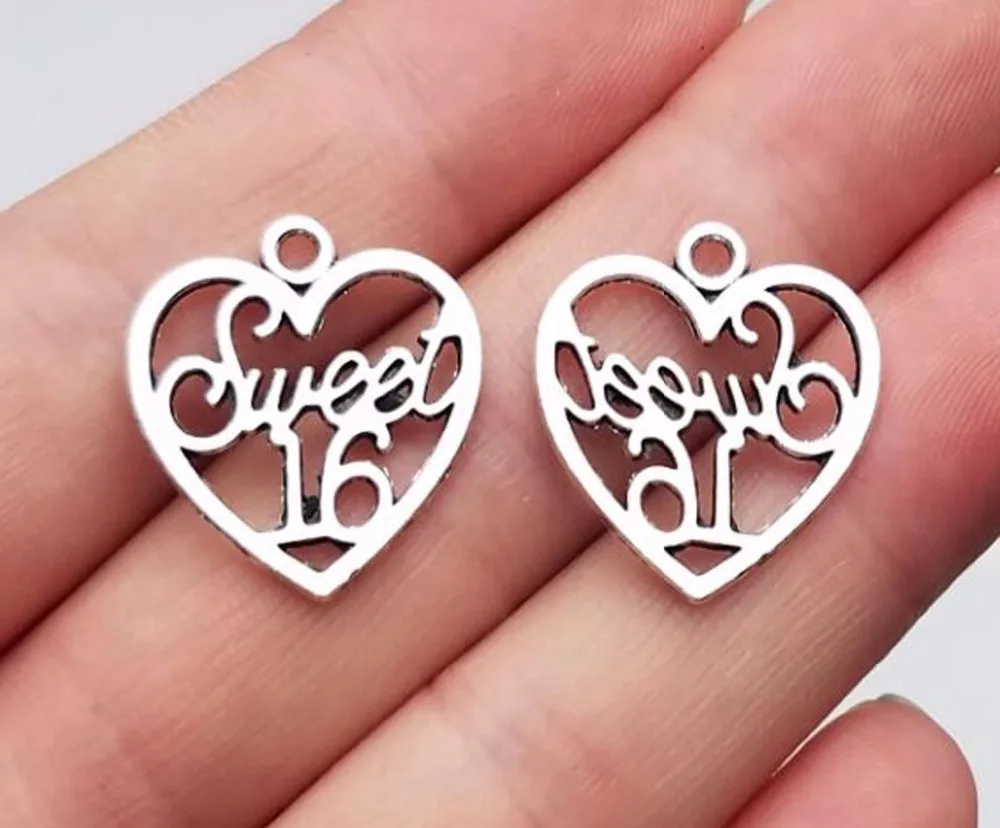 

25pcs/lot--21x19mm Antique Silver Plated Sweet 16 Years Old Charms Heart Pendants DIY Supplies Jewelry Findings Accessories