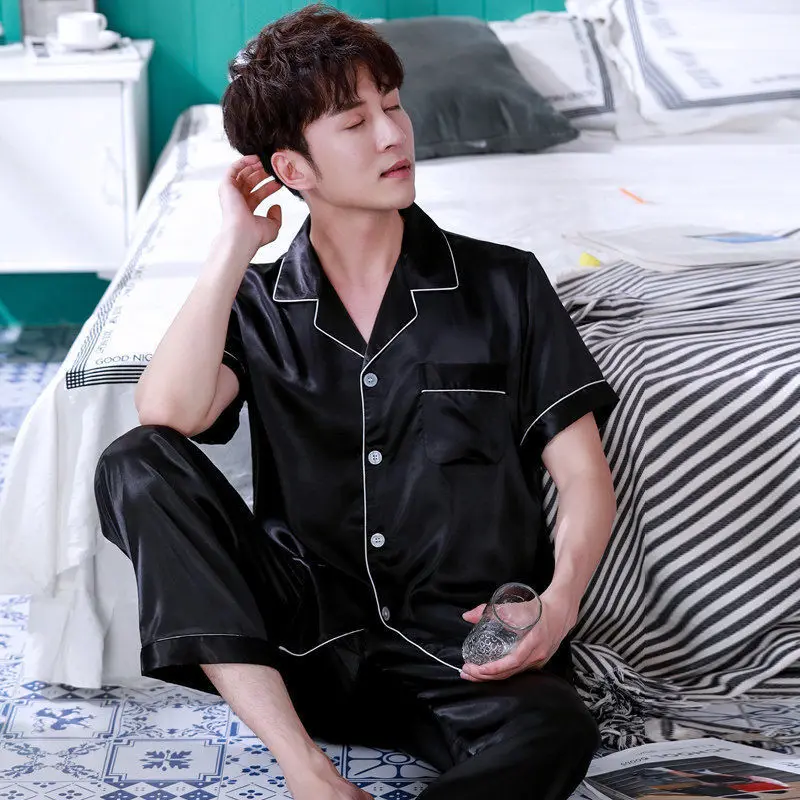 Men's Pajamas Set Silk Satin Pajamas Lapel Pajamas Pajamas Long Sleeve Spring Pajamas Men's Two-piece Set Casual Loose Homewear