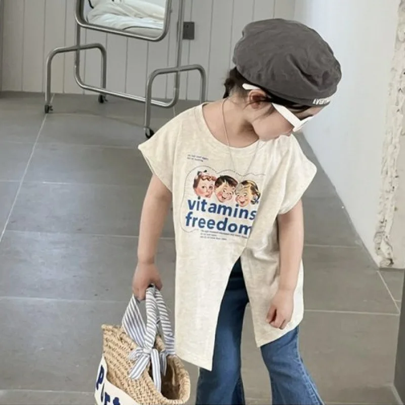 

Summer Girls cartoon letters sleeveless T-shirt Medium Length Irregular split Tee Kids soft loose Tops