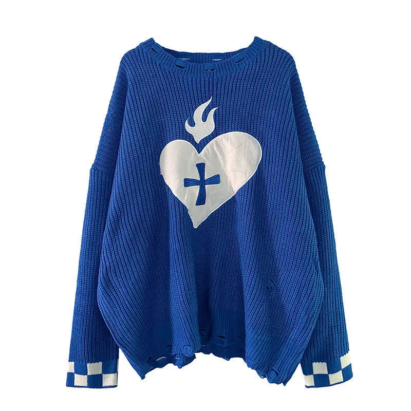 Sweater With Hearts Harajuku Fashion Men's Clothes Winter Trend Women's Print Oversize Korean Knit Hip Hop Clothing Sweaters