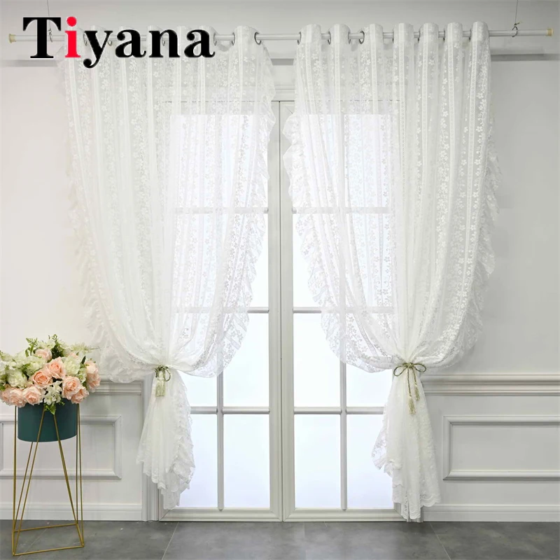 

French Romantic White Ruffle Flower Embroidered Lace Sheer Tulle Girls Bedroom Curtain For Living Room Balcony Window Drapes