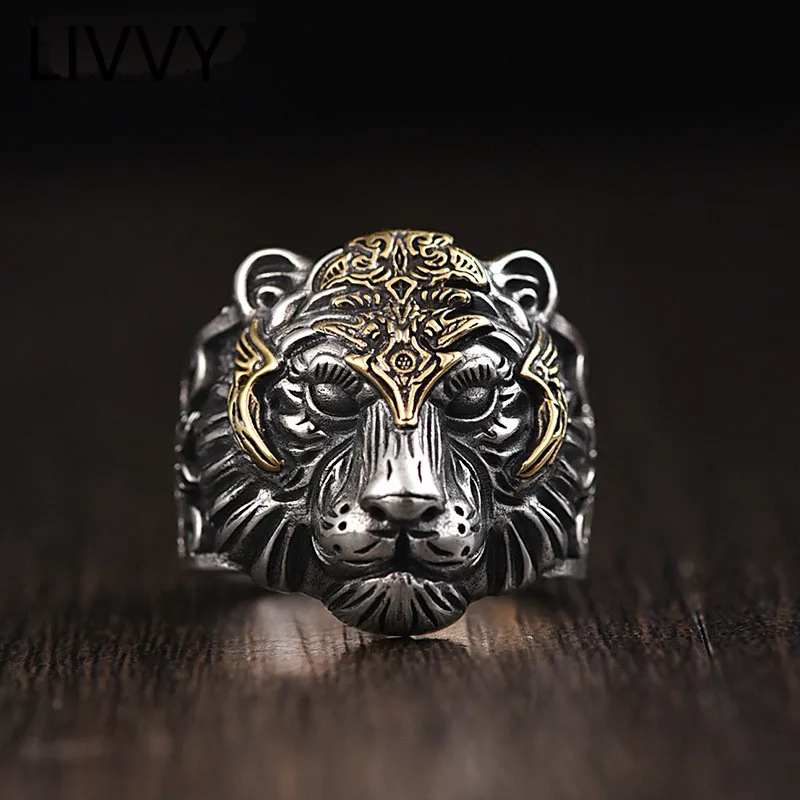 

LIVVY Thai Silver Color Rings New Trend Punk Rock Hip Hop Vintage Unique Design Domineering Tiger Head Jewelry Party Gifts