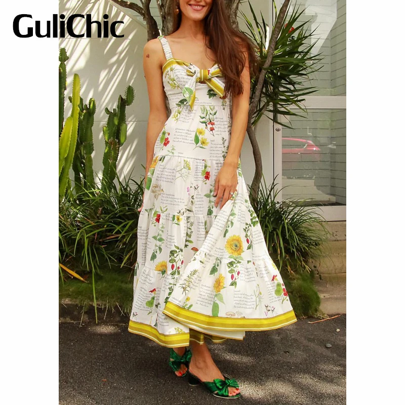 

6.6 GuliChic Women Vintage Temperament Print Bow Suspender Cotton Long Dress
