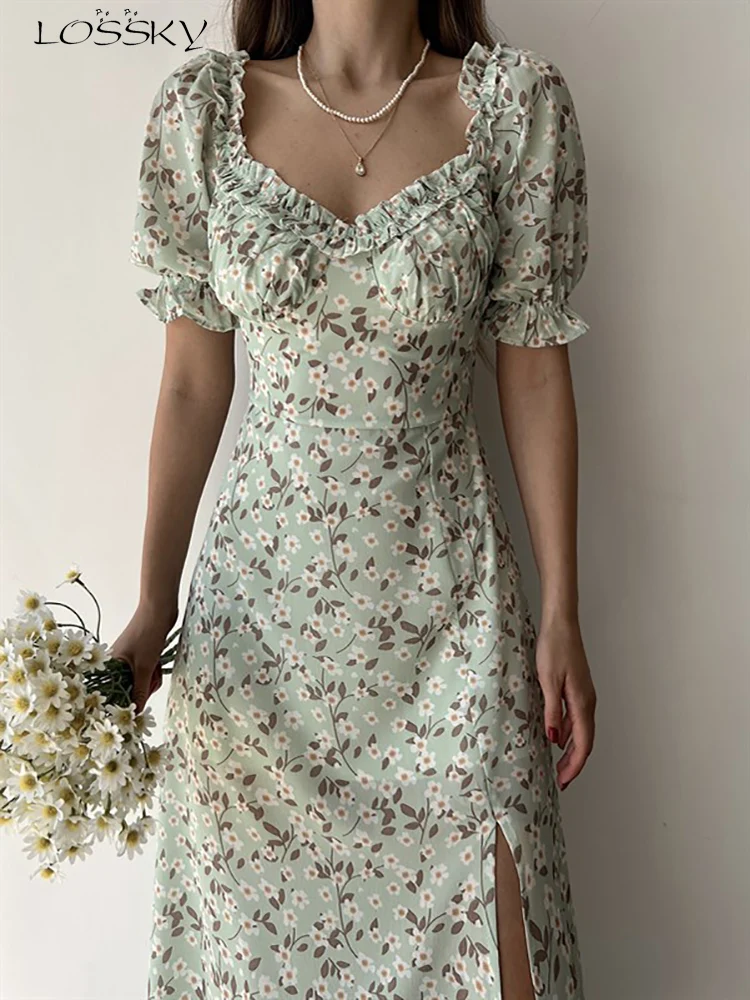 

Summer Sexy Floral Long Dresses Women Elegant Chic Red Backless Slit Beach Dress Casual V Neck Puff Sleeve Dress 2023 New