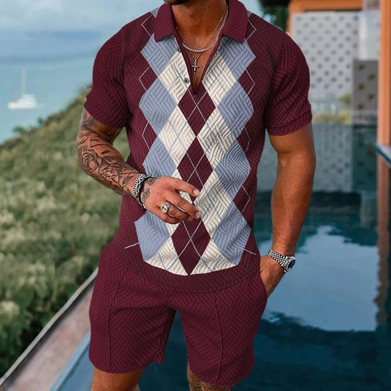 Костюм спортивный мужской из 2 предметов, рубашка-поло, Повседневная модная блузка на молнии, костюм, одежда на лето
