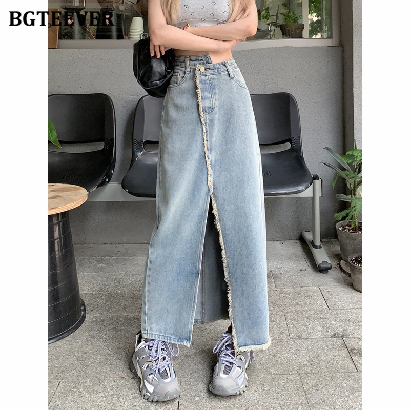 

BGTEEVER Summer Loose Split Hem Female Long Denim Skirts Stylish High Waist Pockets Incline Button Women Jeans Skirts