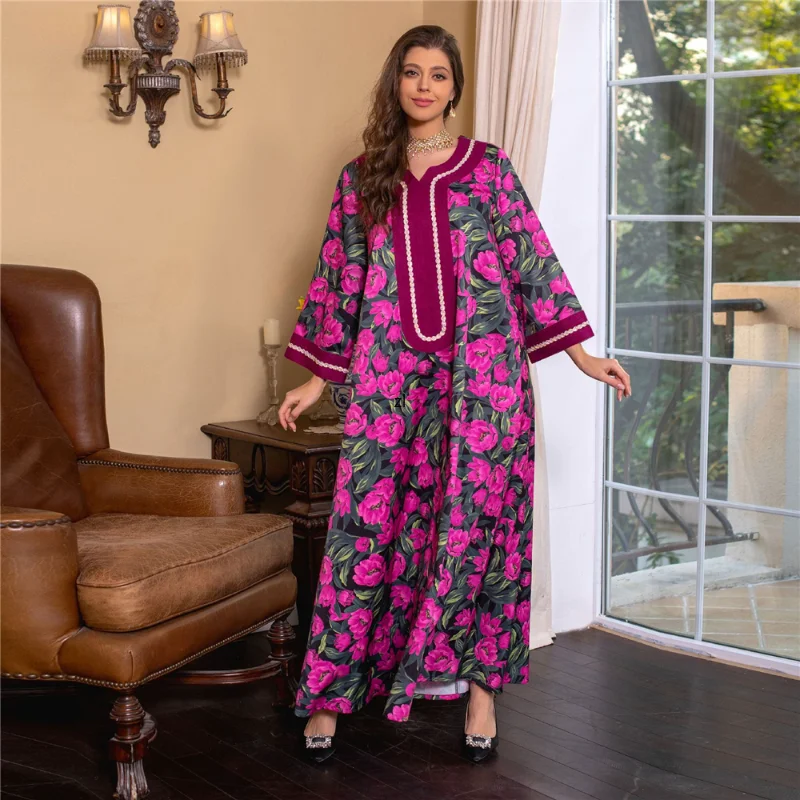 Ramadan Abayas For Women Muslim Fashion Hijab Dress Dubai Turkey Moroccan Caftan Islamic Clothing Flowers Print Boho Boubou