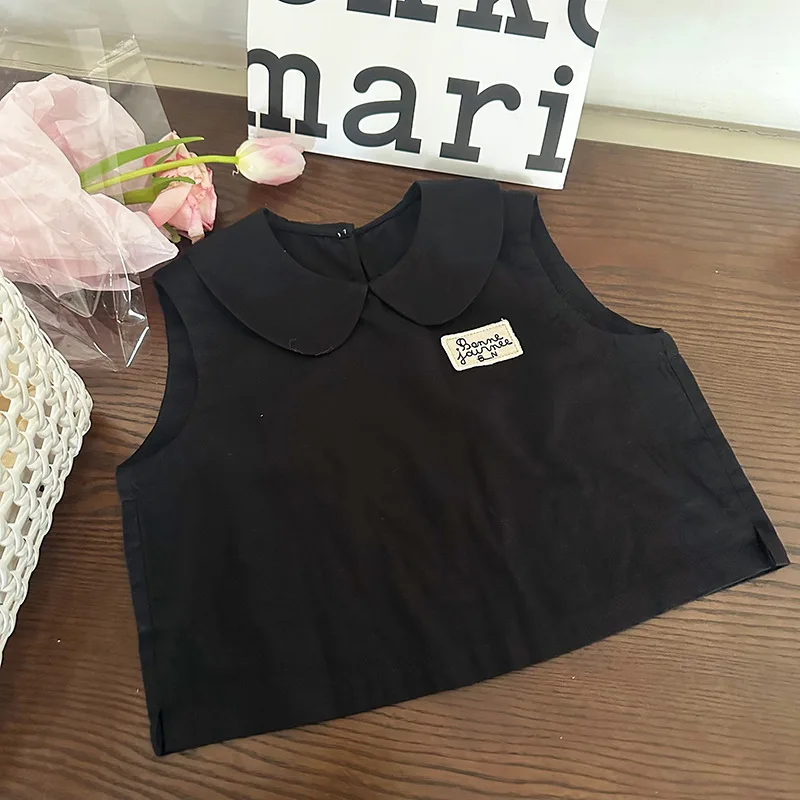 

2023 Summer New Baby Girls Sleeveless Labeling Vest Children Solid Lapel Top Infant Toddler Cotton Casual Tees Kids Clothes