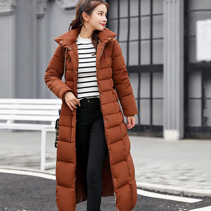 6 Colors Women Long Coats Parka Winter Female Casual Solid Color Zipper Pocket Cotton Padded Warm Hooded Maxi Puffer Coat Jacket