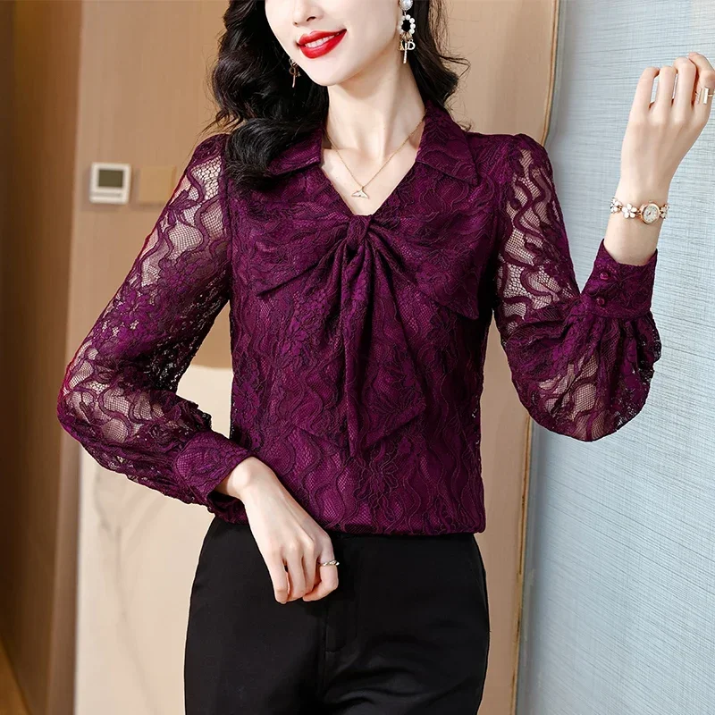 Новая кружевная женская блузка с отложным воротником и бантом длинным рукавом