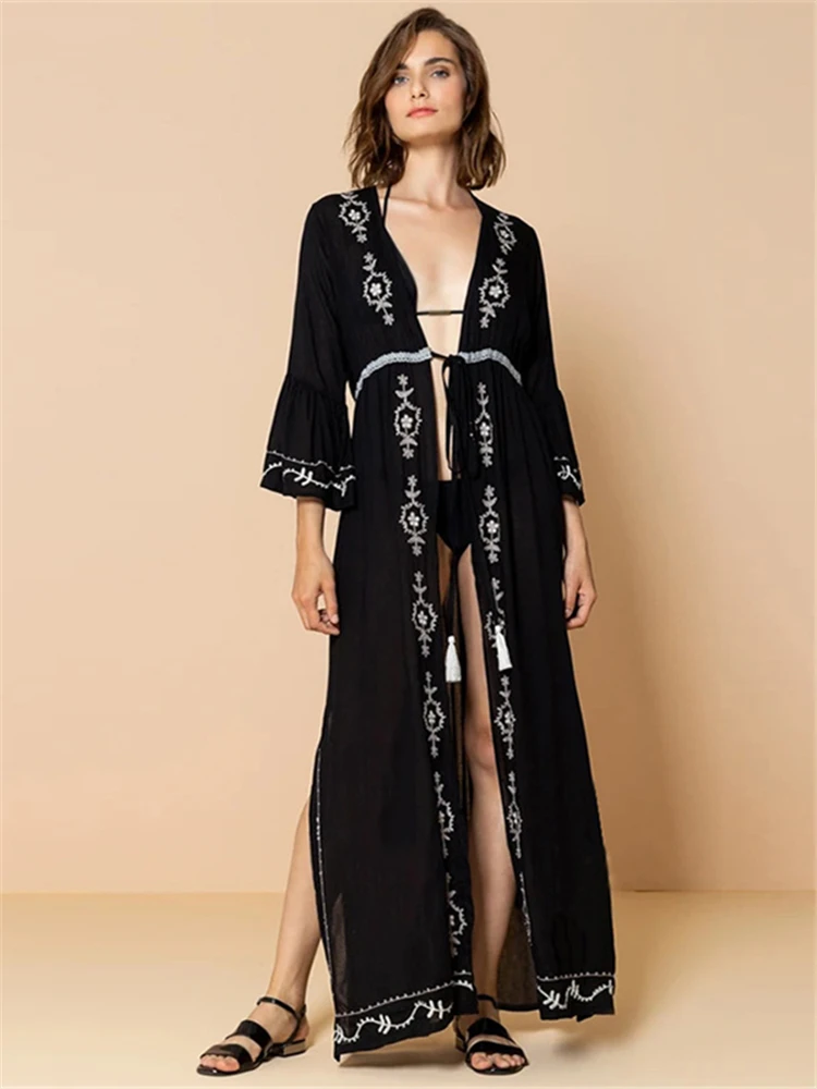 

Vacation Sunscreen Embroidered Belt Dress Summer Women Cotton Long Kimono Lace-up Tunic Beach Wear Front Open Maxi Dresses A2025