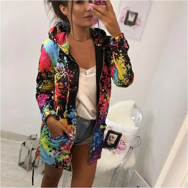 

Spring Autumn Colourful Women Female Outwear Jackets Tie Dyeing Hooded Coat Sweatshirt Pocket Zipper Loose