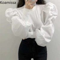 koamissa spring autumn women pull long sleeves blouse o neck lady solid fashion puff sleeve korean shirt 2022 slim outwear shirt