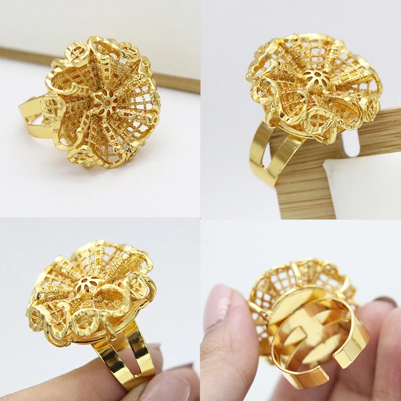 

Ethiopian Gold Ring For Women Dubai Gold Color Big Ring Resizable Arab Nigeria Rings Wedding Designer Flower Finger Jewelry