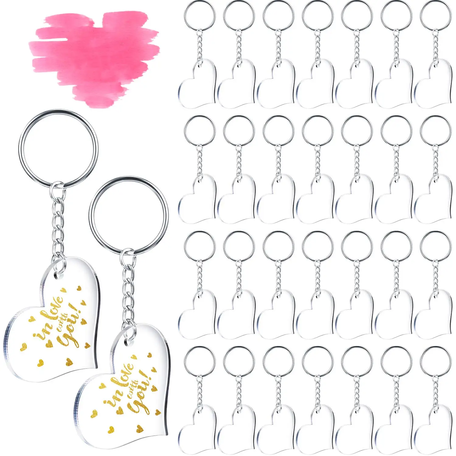 

90pcs Acrylic Keychain Blanks Heart Clear Acrylic Blanks Shape Plain Acrylic Key Rings for DIY Projects Crafts Valentine's Day