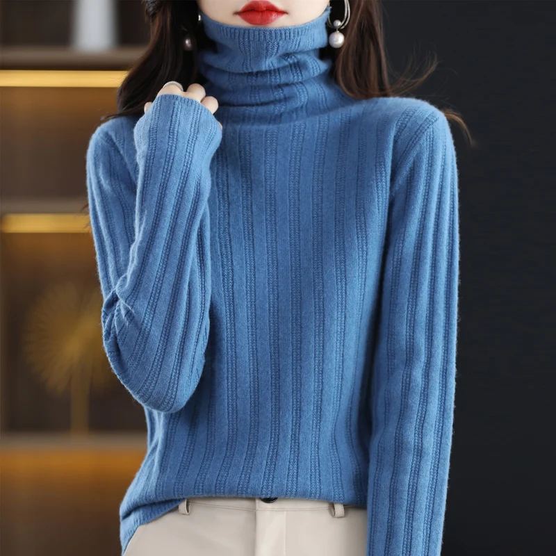 Autumn and Winter Women's Pile Neck Vertical Stripe Fashionable Elegant Warm Pullover Wool Sweater    D40