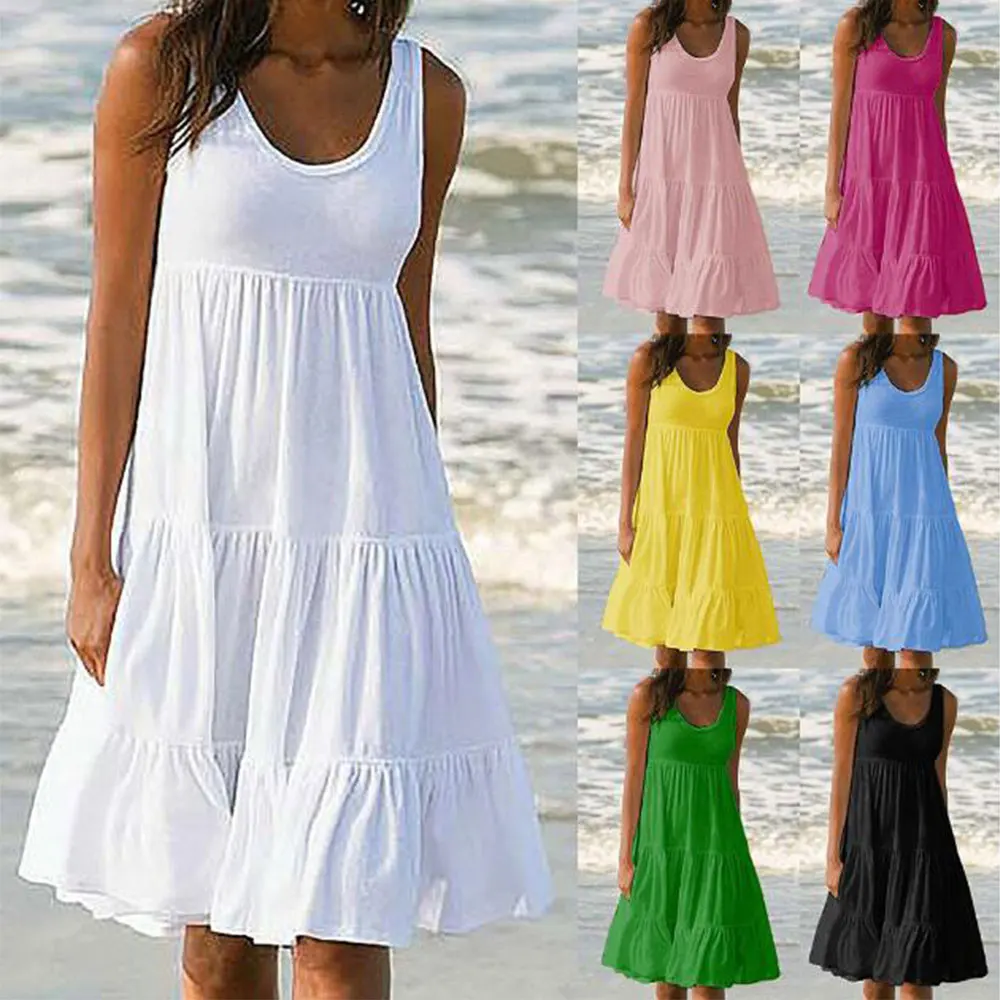 

Ladies Holiday Boho Solid Beach Sun dress Sleeveless Ruffles Casual Loose Frill Mini Round-collar Large Size 2023 summer pop