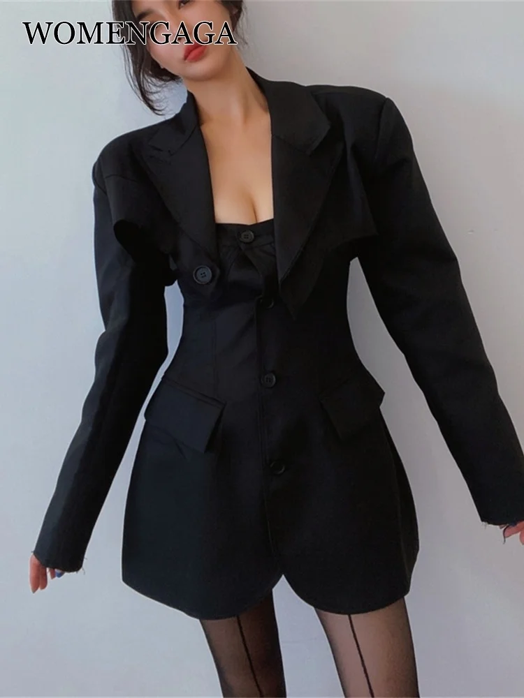 

WOMENGAGA Skirt Suits 2022 Autumn New Fashion Short Irregular Suit Long Sleeve Black Blazers+Strapless Pu Leather Mini Skirt BI5