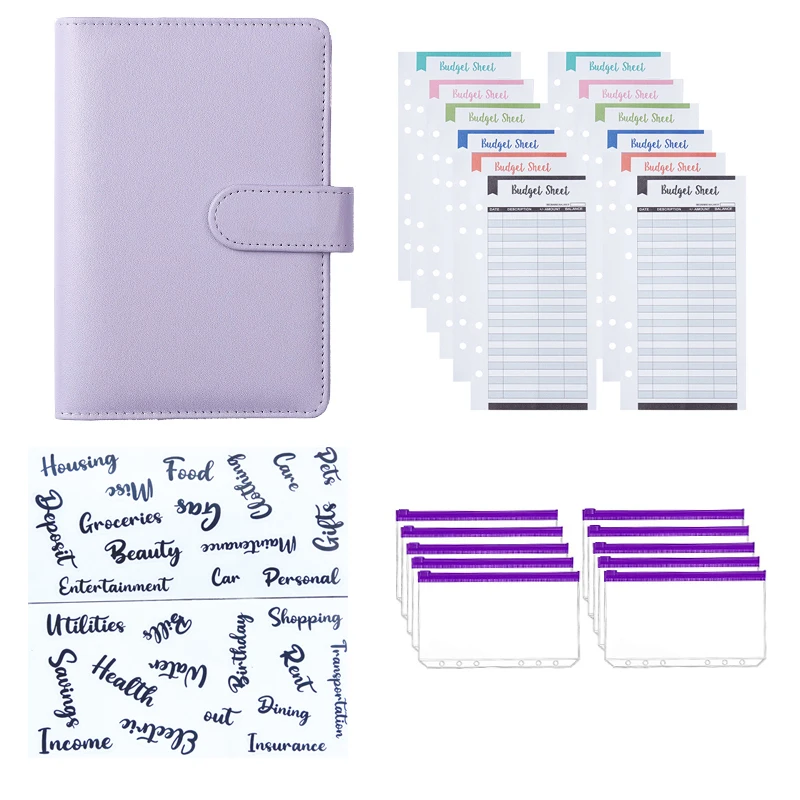 

A6 Budget Binder Pu Cover 10pcs Zipper Packets 12pcs Budget Sheets 2pcs Letter Sticker Diary Planner School Stationery 25pcs/Set