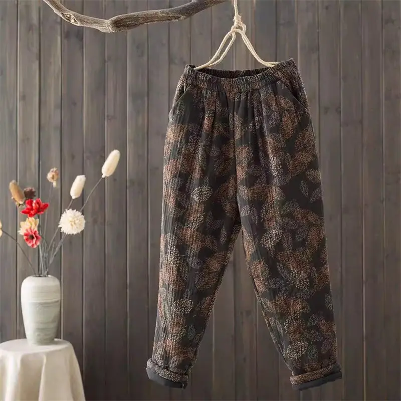 2023 осень зима новые ретро хлопковые и льняные Стеганые Брюки женские утепленные