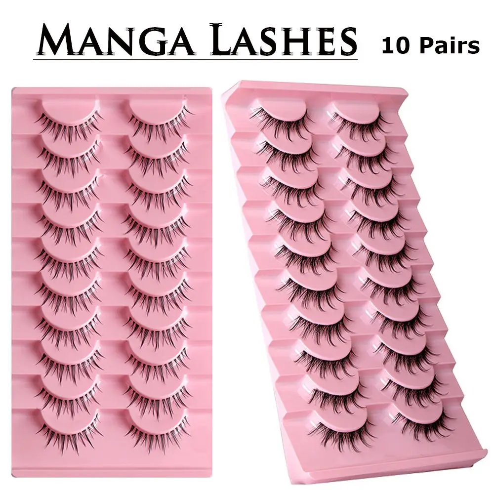 

10Pair Manga Lashes Cosplay 3D Faux Mink Lashes Natural Long Short Full Strip Lashes Clear Band Soft Natural Full Strip Eyelashe