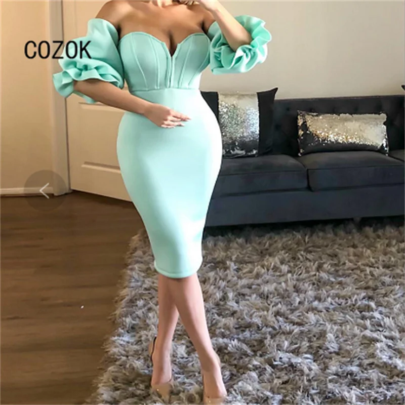 

Женское облегающее платье без бретелек, с пышными рукавами
