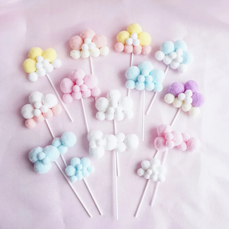 

10pcs Cute Cloud Shaped Cakes Decoration Hairball Cake Cupcake Dessert Topper Baby Happy Birthday Party Home Colorful Tools