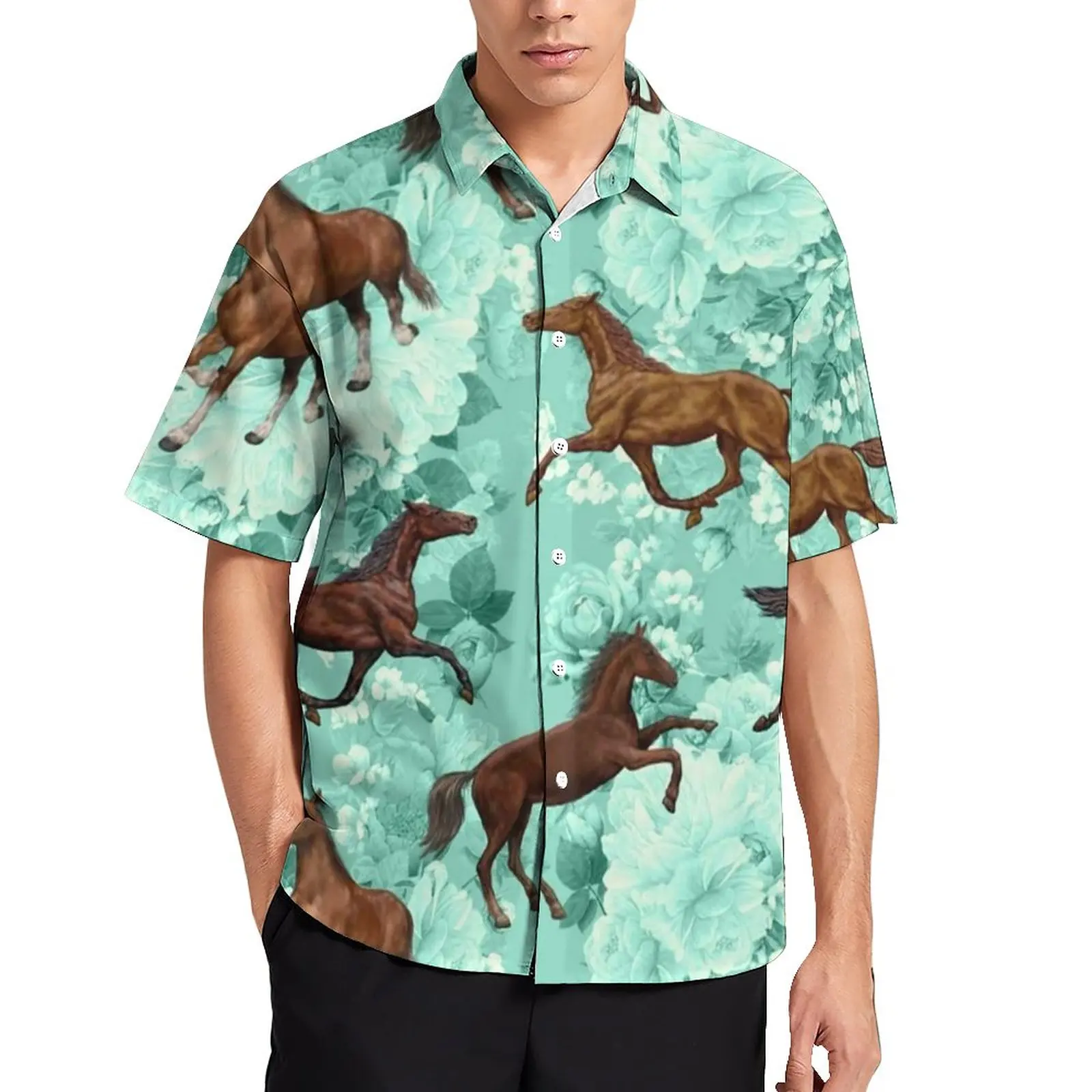 

Running Horses And Flowers Print Beach Shirt Horse Lover Summer Casual Shirts Men Harajuku Blouses Short-Sleeve Design Tops