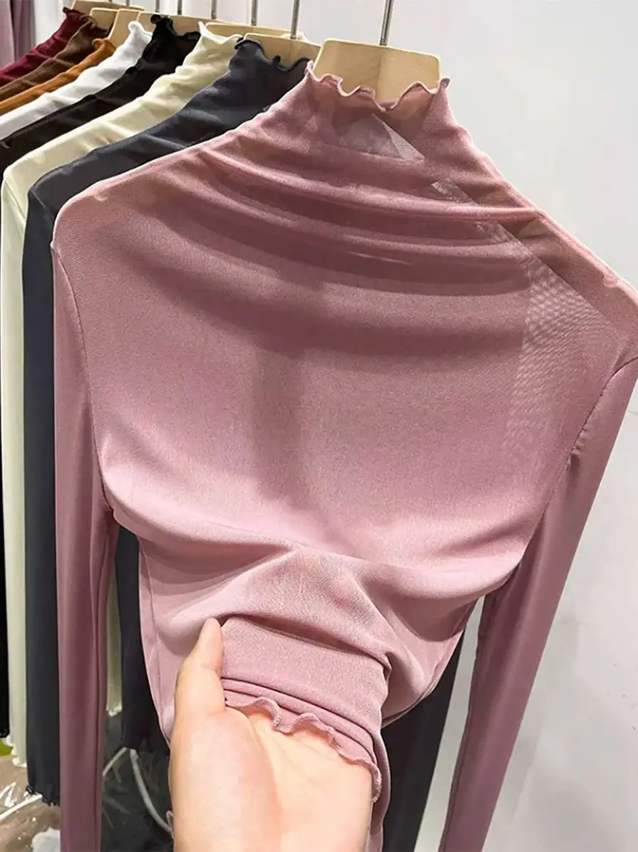 Женская тонкая рубашка с высоким воротником дышащая легкопрозрачная Сетчатая