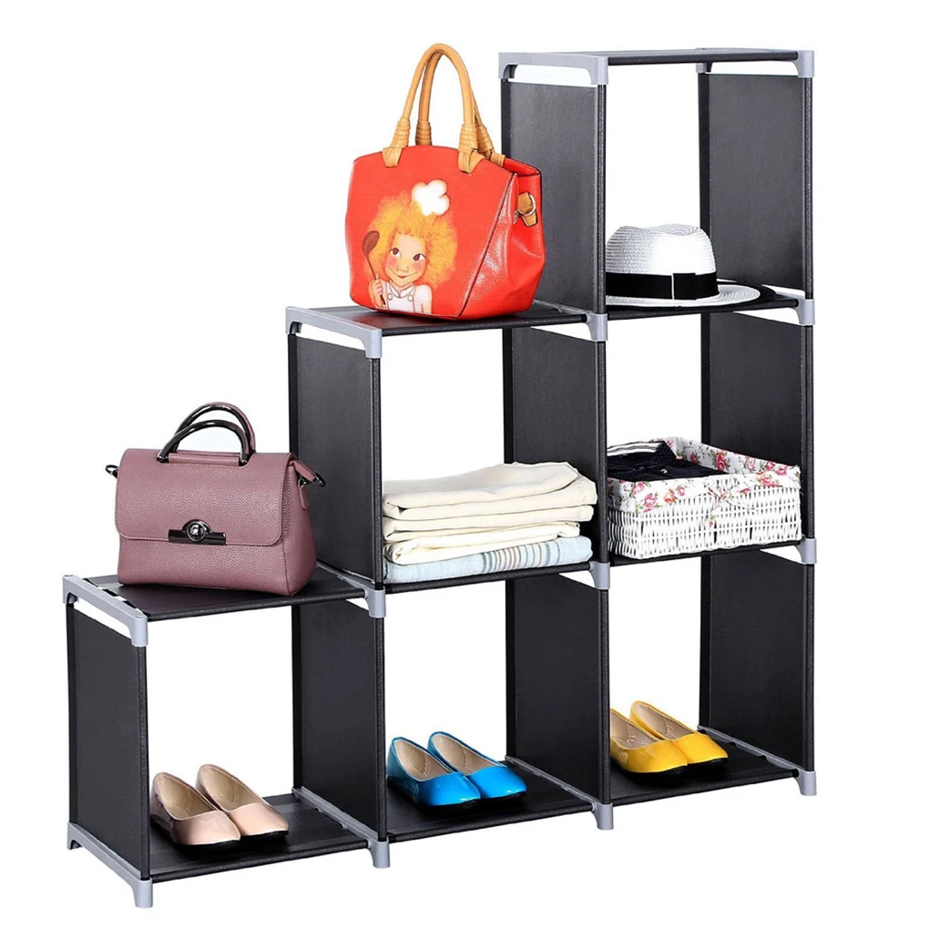 

Multifunctional Assembled 3 Tiers 6 Compartments Storage Shelf Non-woven Storage Cube Support Black