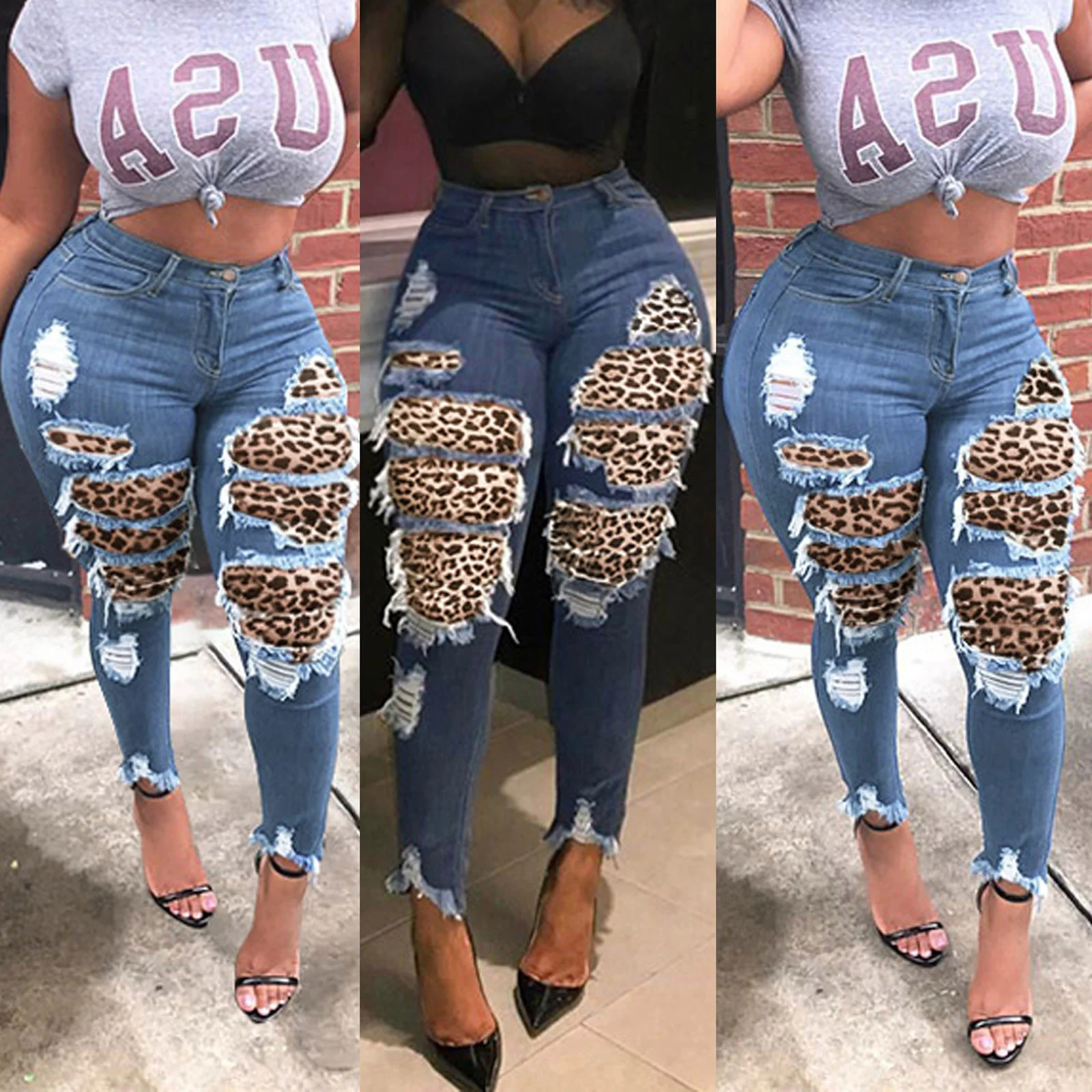 

S-XXXL New Four seasons ladies high waist ripped leopard print slim jeans trousers pencil pants Leggings fashion womens jea