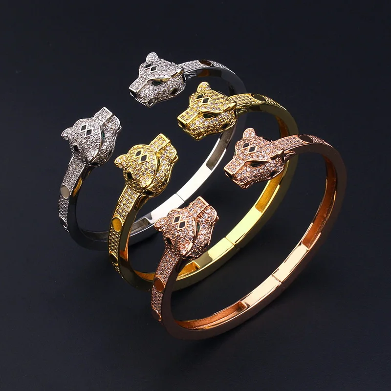 

Europe America Fashion Style Women Lady Plated Gold Color Black Spots Settings Cubic Zircon Double Leopard Open Ring Bracelet