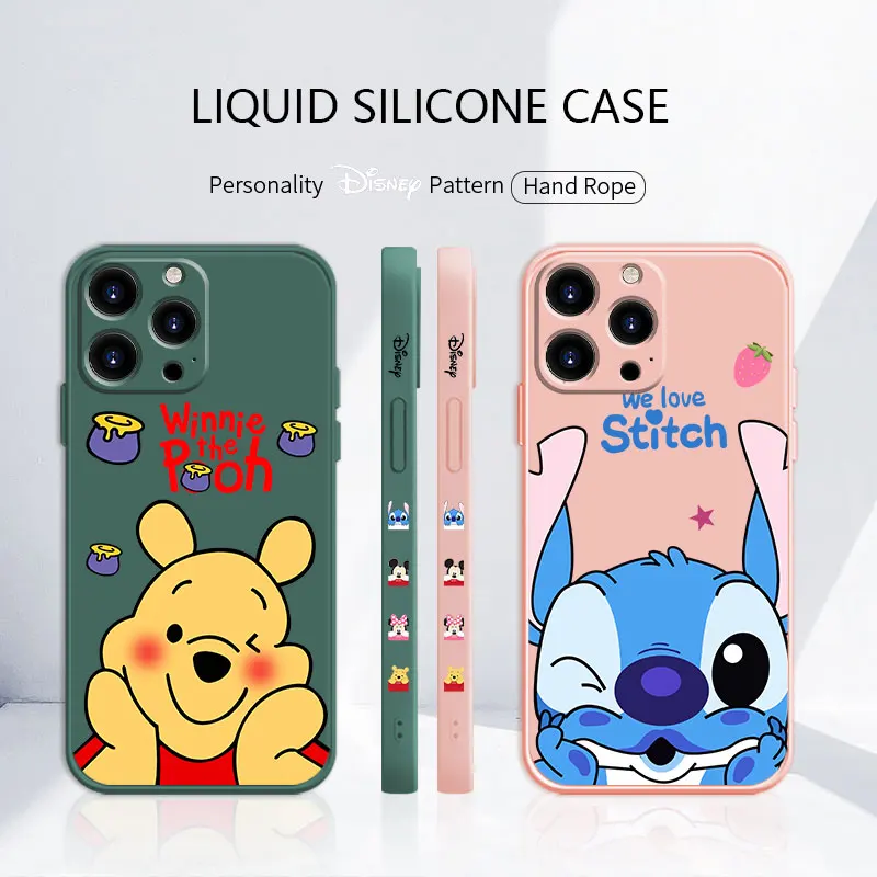 

Luxury Liquid Case for Apple iPhone 11 12 13 Pro Max XS 7 8 Plus SE XR 13pro Silicone Blue Edge Disney Stitch Winnie The Pooh