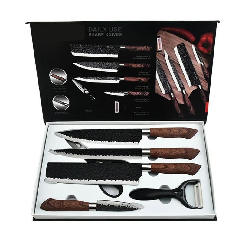 

6pcs Stainless Steel Kitchen Knife Set Chef Knives Set Meat Cleaver Fruit Vegetable Cutting Knife Peeler Scissors