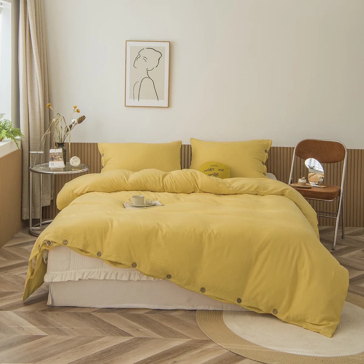 

2/3Pcs Bedding Sets Yellow Color Button Craft Single Double Size Duvet Cover With Pillowcase Solid Color Queen Size Jogo De Cama