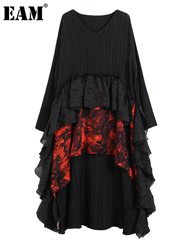 

[EAM] Women Ruffles Striped Big Size Long Dress New Round Neck Long Sleeve Loose Fit Fashion Tide Spring Autumn 2022 1DE7535