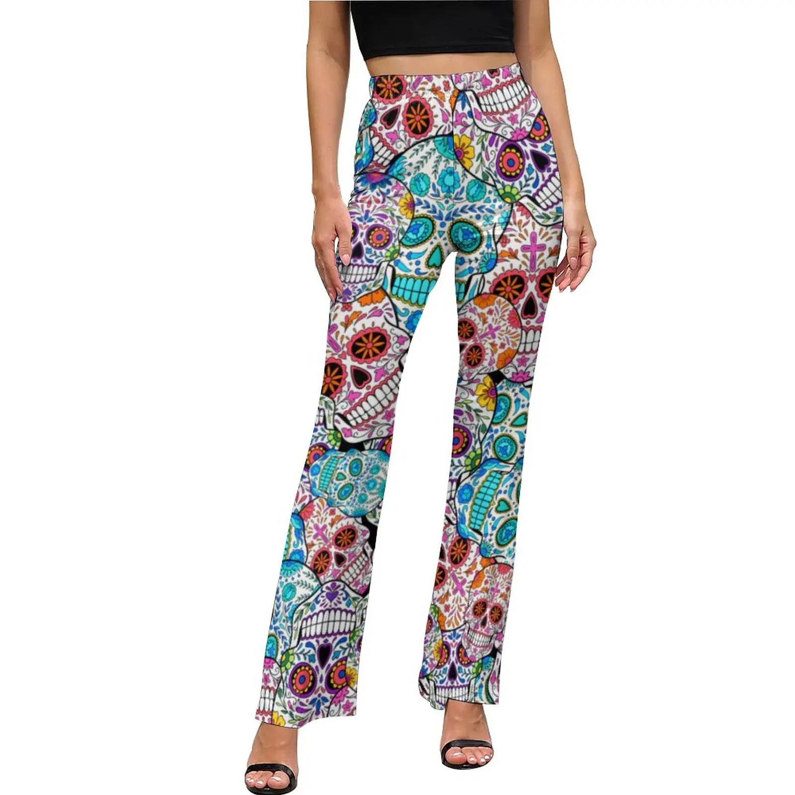 

Spooky Skeleton Casual Pants Summer Skulls with Flowers Kawaii Print Flare Trousers High Waisted Slim Fit Stretch Harajuku Pants