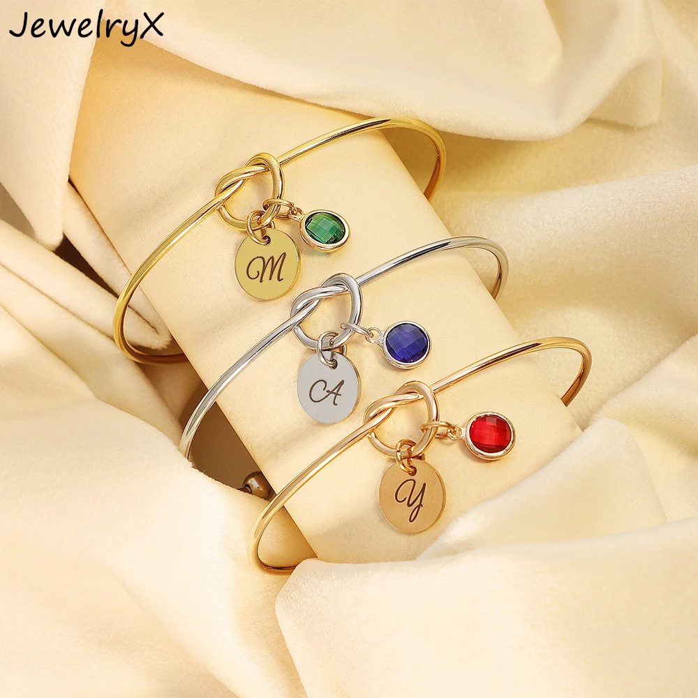 

JewelryX Custom Birthstore Letter Bangle Personality Stainless Steel Round Initials Pendant Open Bracelet For Women Jewelry Gift
