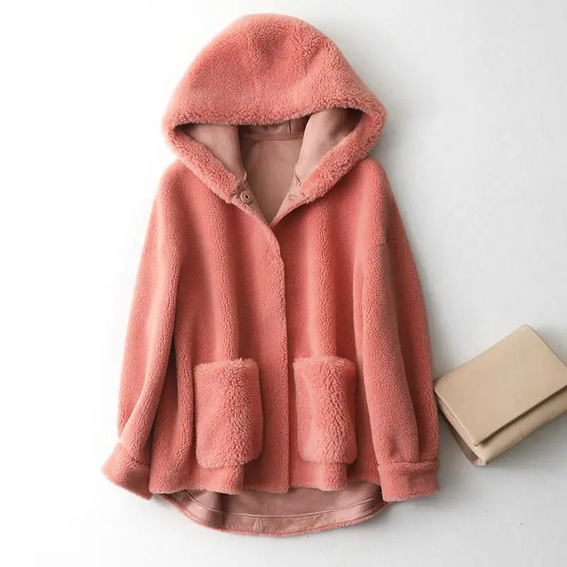 Real Fur Coat High Quality Womens Wool Coats Thick Warm Elegant Loose Large Size Solid Hooded Outwear Winter Coat for Women E657