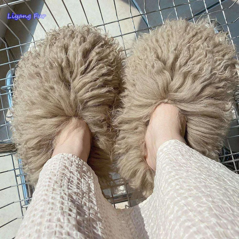 New Style Long Hair Tibetan Sheep Fur Slides Custom Color Mongolian Lamb Fur Slippers