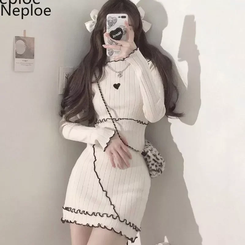 

Neploe Women Dress Knit Robe Long Sleeve Mini Dresses Korean Bodycon Pencil Dresses Fashion Y2K Sweater Vestidos Ruffle Clothes