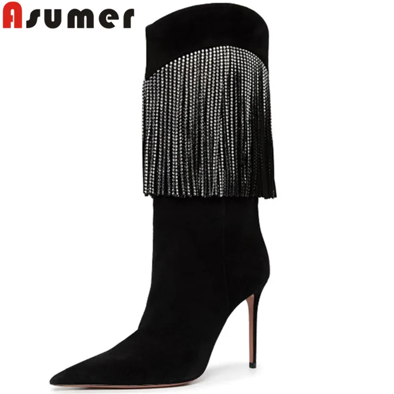

ASUMER 2022 Size 34-43 New Flock Mid Calf Boots Woman Slip On Ladies Autumn Shoes Thin High Heels Fashion Boots