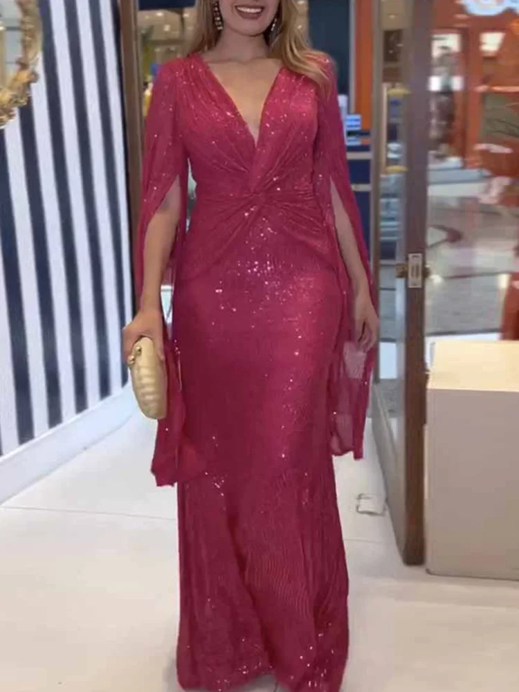 Элегантное платье макси женское модное вечернее с пайетками весенне-осеннее