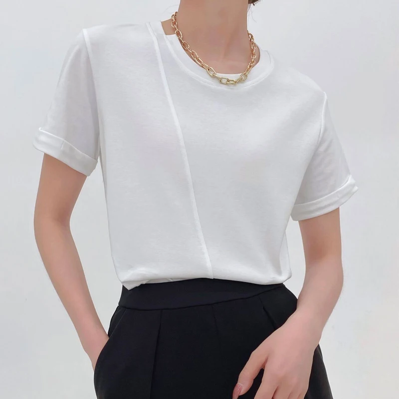 

Футболка женская однотонная с коротким рукавом, белый мешковатый топ из чистого хлопка с круглым вырезом для девушек, уличная одежда, однотонный цвет, лето 2023