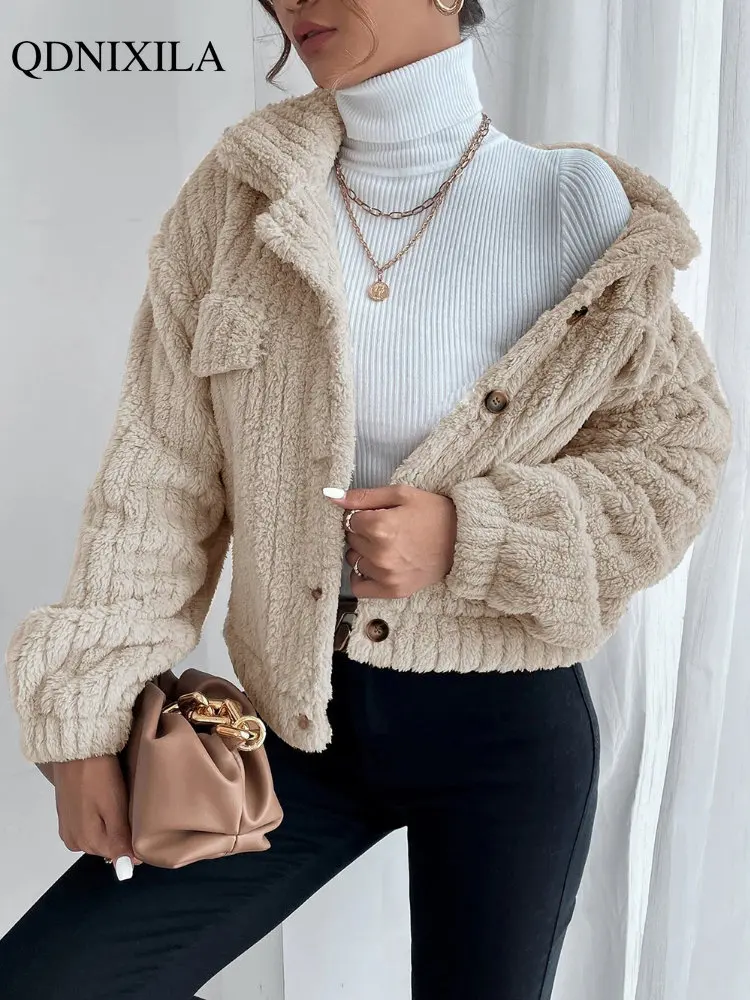 

Autumn Winter 2023 Faux FurJacket Coat for Women Lapel Long Sleeve Top Casual Thick Soft Warm Chic Elegant Slim Blouse Korean
