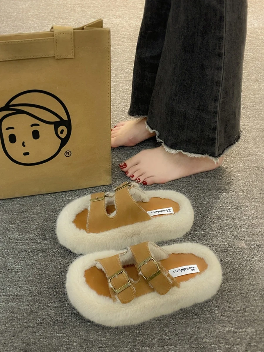 

Shoes Woman 2023 Flock Massage Slippers Platform Pantofle Luxury Slides Med Fur Flip Flops House Flat New Designer Plush Rome