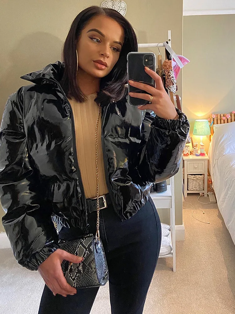 Autumn Soild Leather Zipper Short Cotton Winter Clothes Women Fashion Long Sleeve Parkas Casual Stand-Up Collar Streetwear Coat
