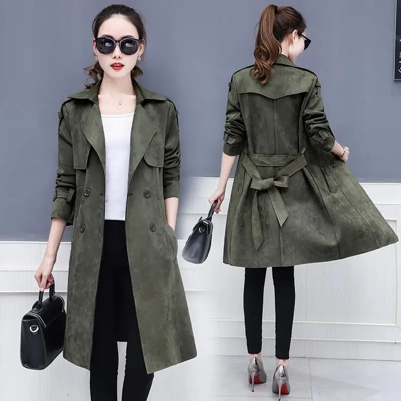 Women's Medium Long Korean Style 2022 Autumn  Winter Fashion Suede Coat Slim Coat Leather Trench Coat for Women Elegant Blet
